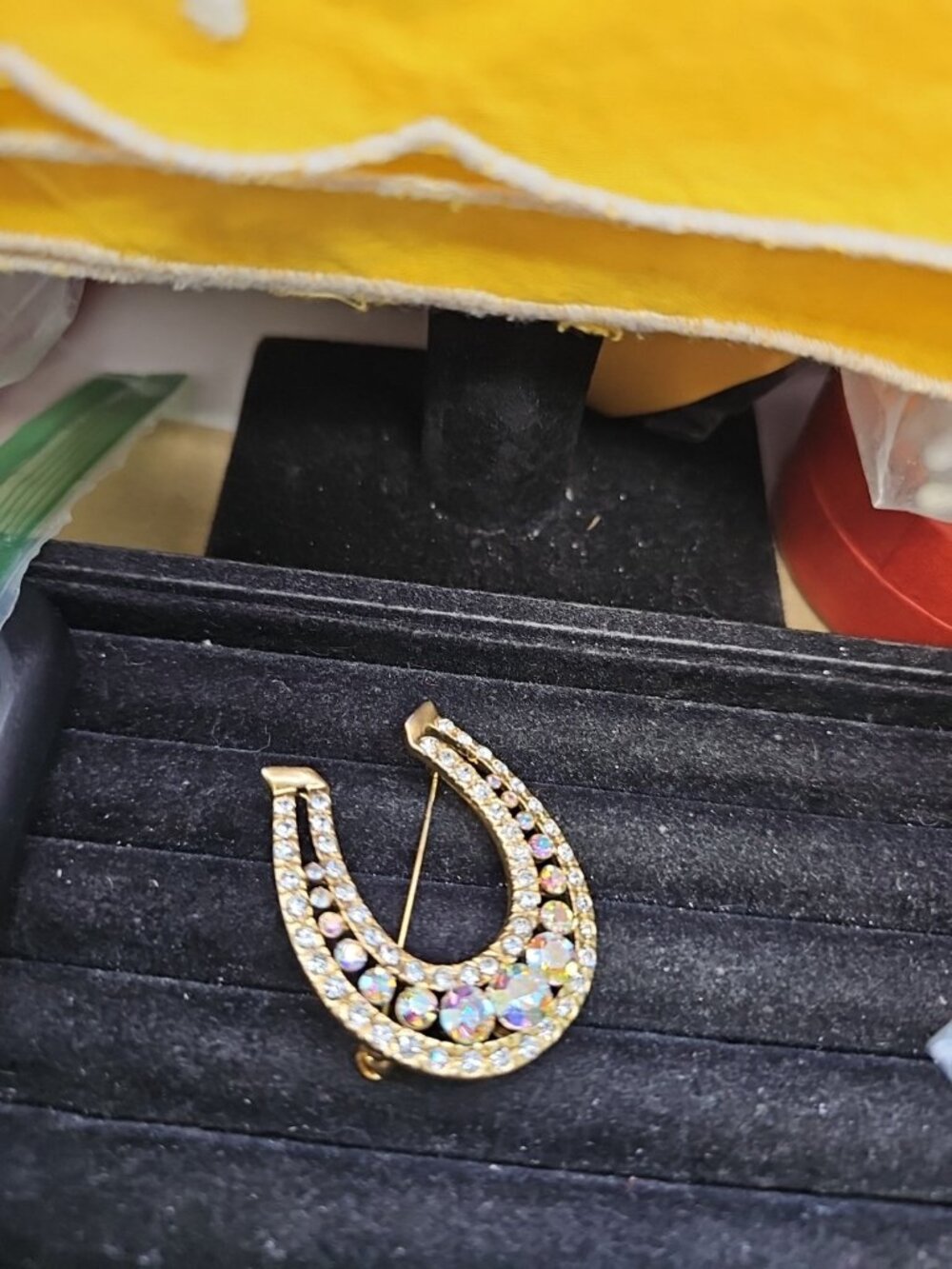 Brooch/ Pin/pendant Goldtone Horseshoe A.B. R&clear Rhinestones 1 3/4"inches - Picture 3 of 8